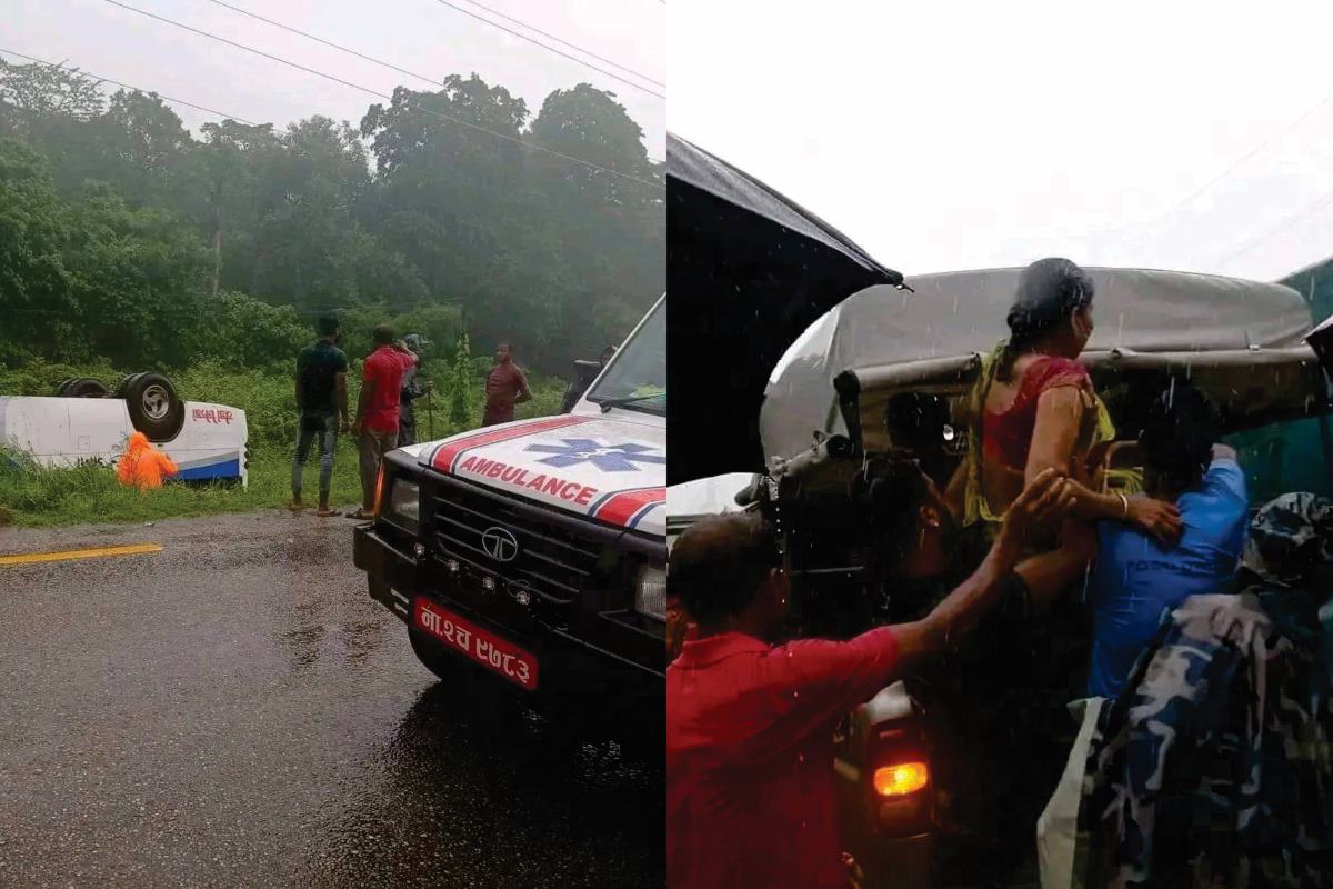 बारा बस दुर्घटनाः चालक फरार, १४ यात्रु घाइते